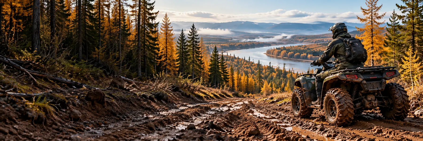 Квадроцикл в рыжей глине на лесной дороге над рекой, осень, лиственницы